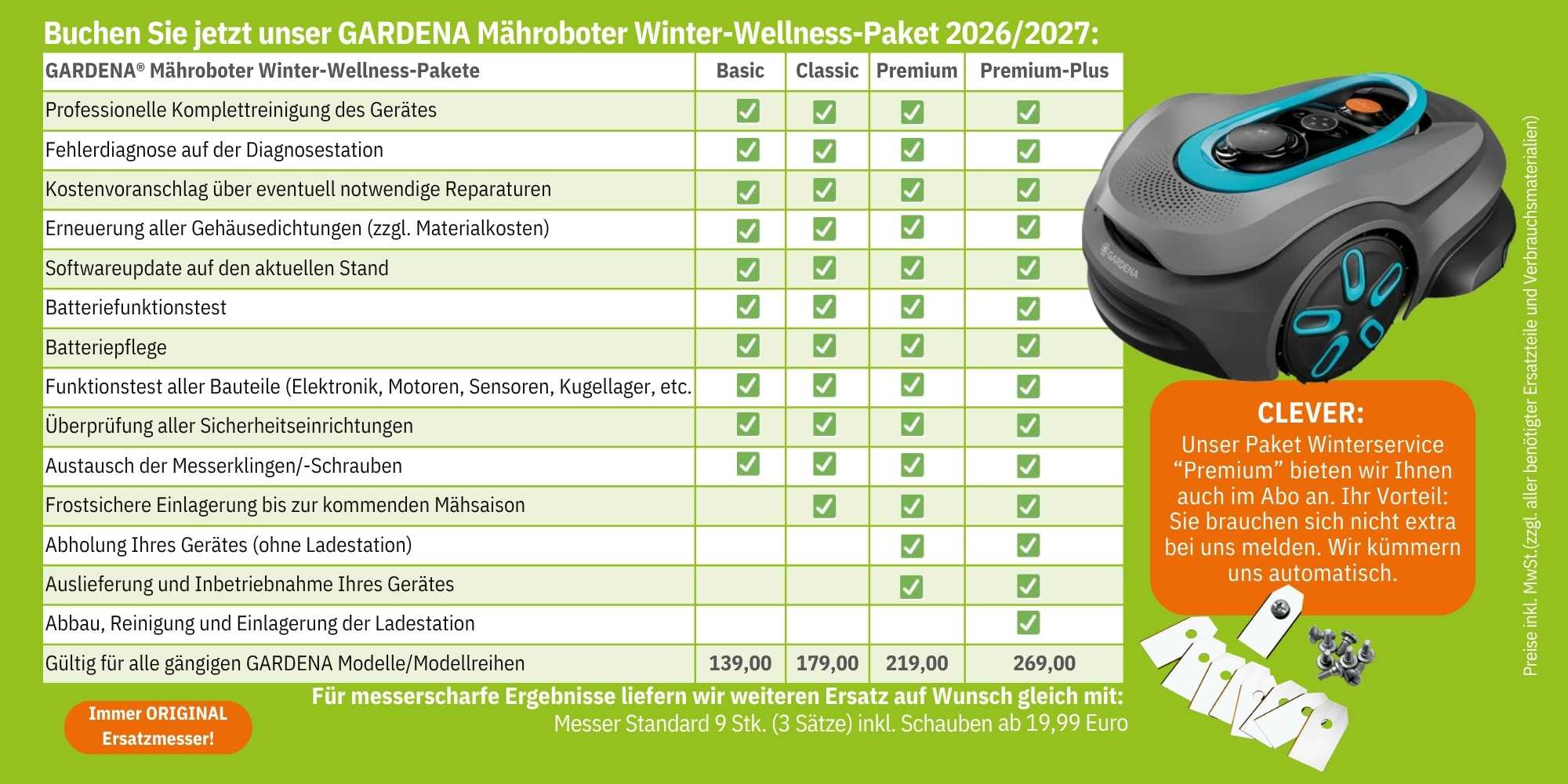 Abbildung zeigt Tabelle mit Leistungsübersicht zu den Servicepaketen im GARDENA Mähroboter Winterservice