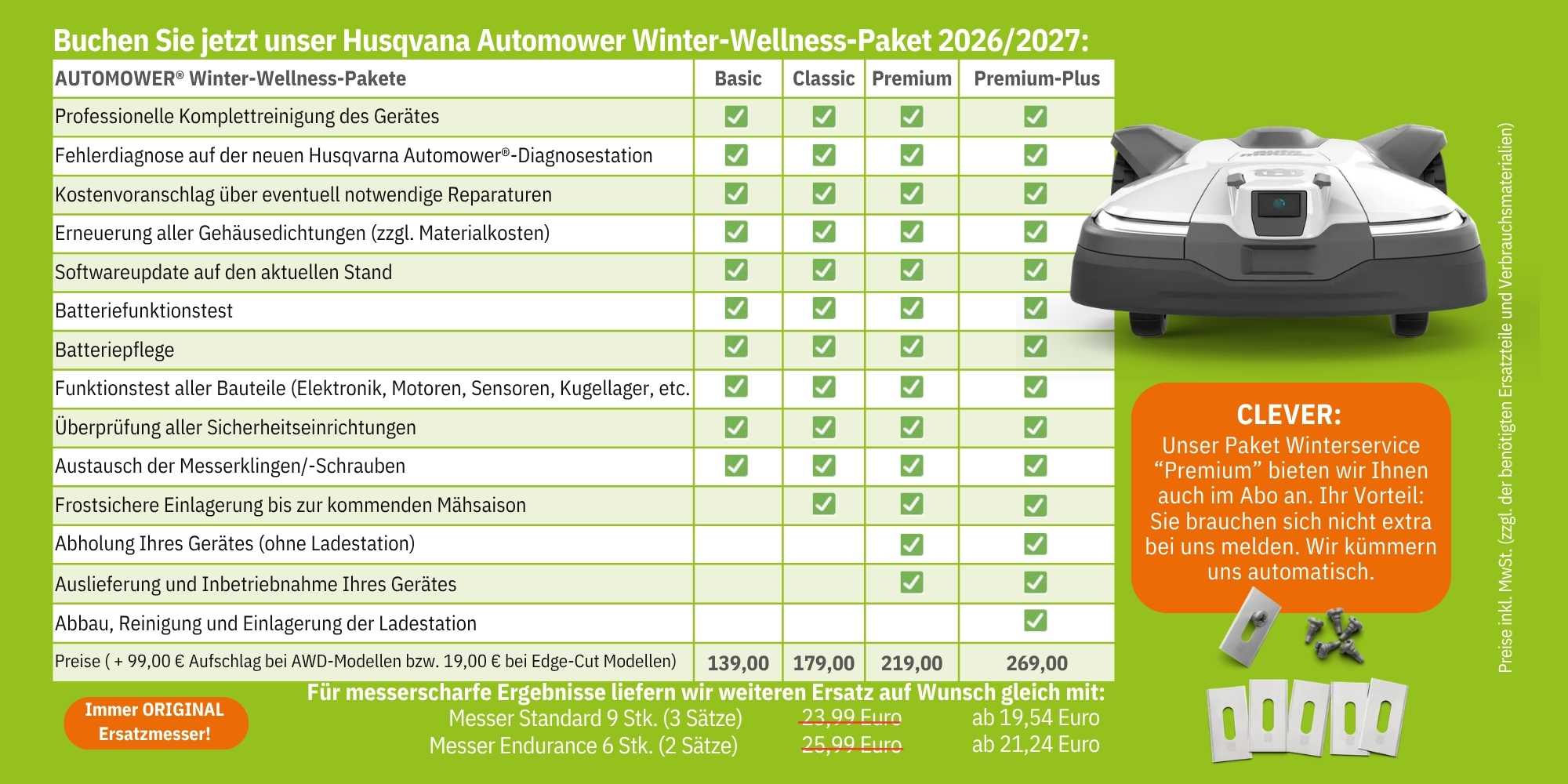 Abbildung zeigt Tabelle mit Leistungsübersicht zu den Servicepaketen im Husqvarna Automower Winterservice