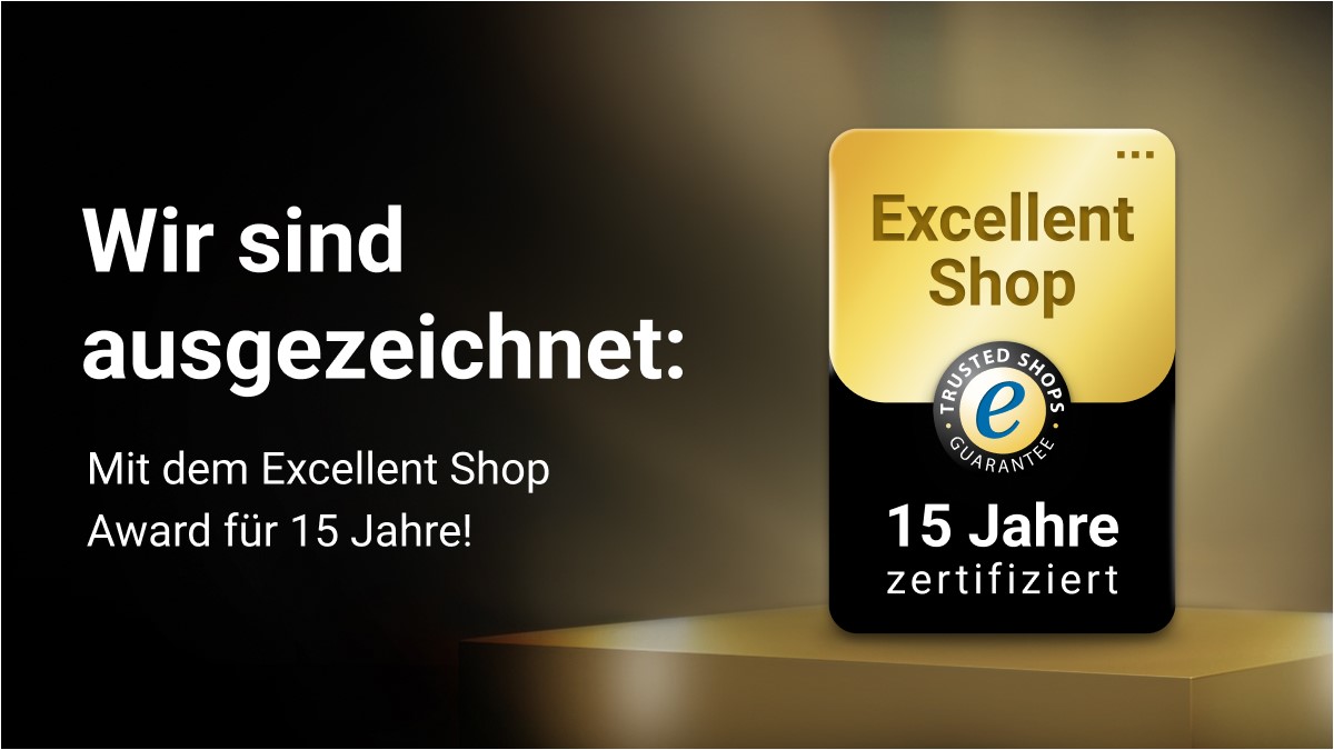 Abbildung zeigt Grafik mit dem Excellent Shop Adward für 15 Jahre von Trusted Shops ausgezeichnet