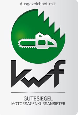 Die Abbildung zeigt das offizielle „KWF-Gütesiegel für Motorsägenkursanbieter“ des Kuratoriums für Waldarbeit und Forsttechnik e. V.